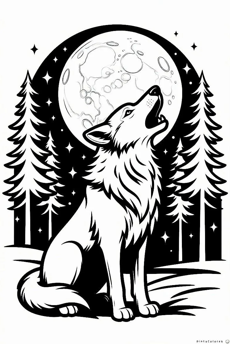 Lobo aullando en la noche dibujo para colorear