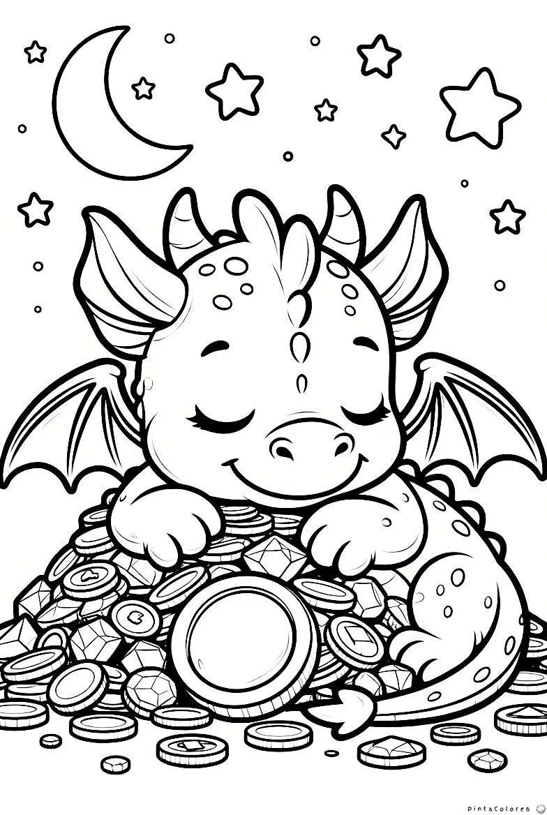 Dragón pequeño dormido sobre monedas de oro para colorear.