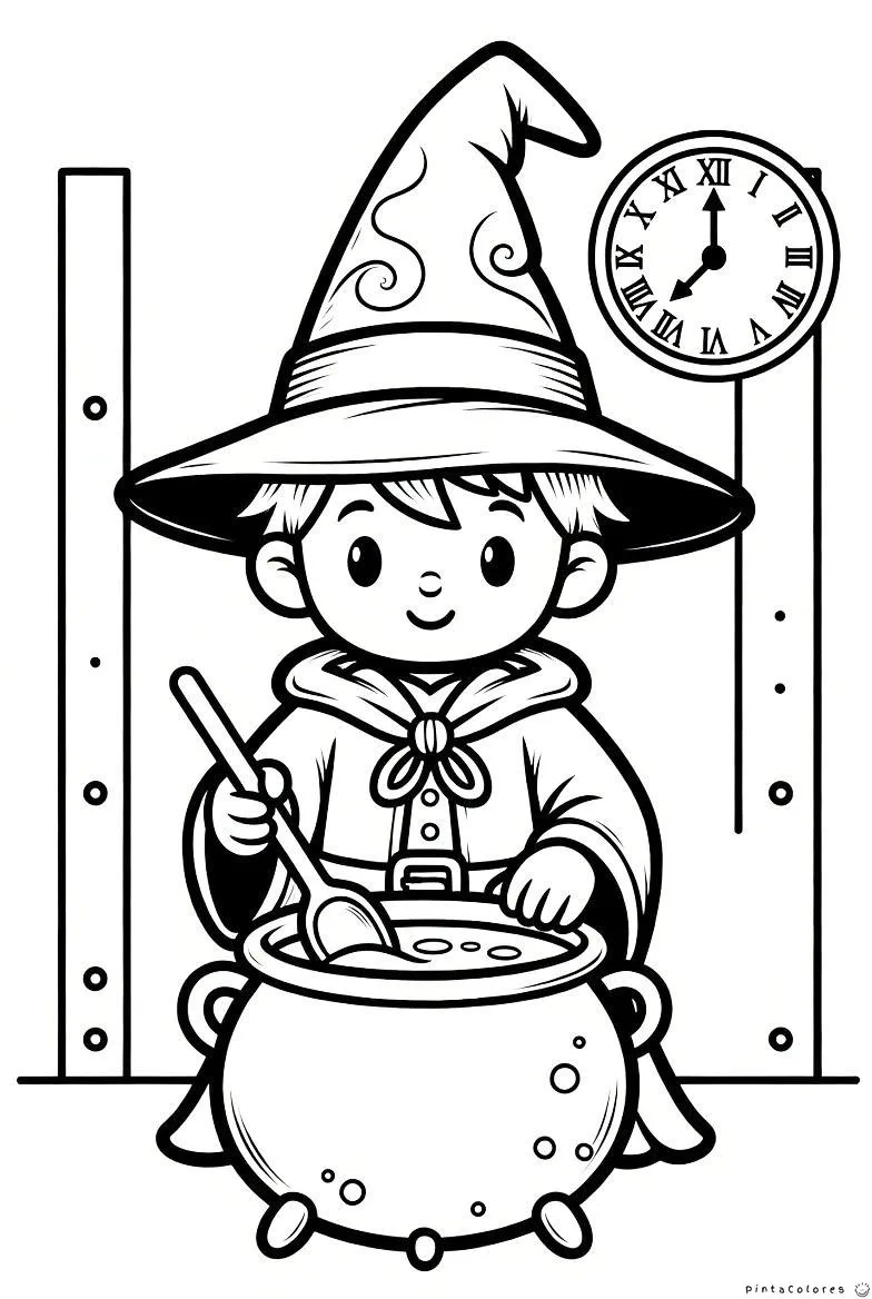 Mago joven preparando una poción mágica en un caldero para colorear.