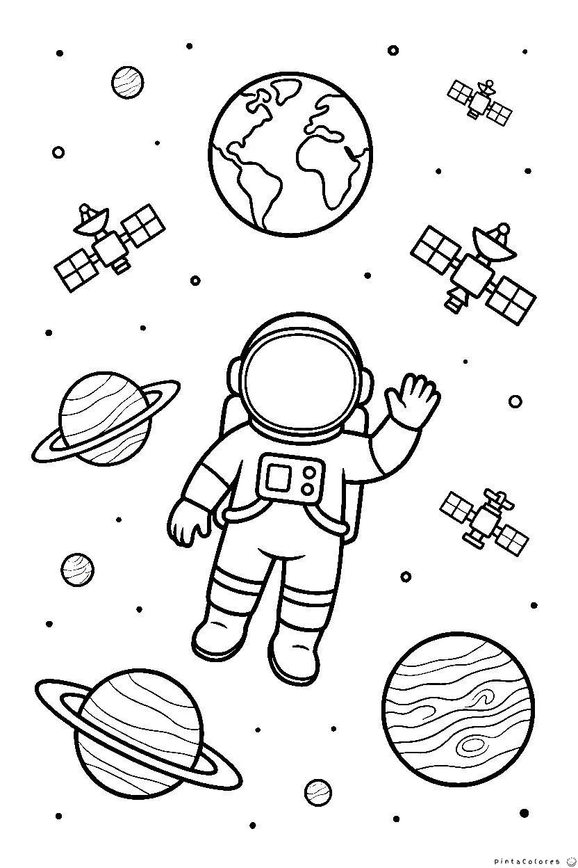 Astronauta flotando entre estrellas y planetas para colorear.