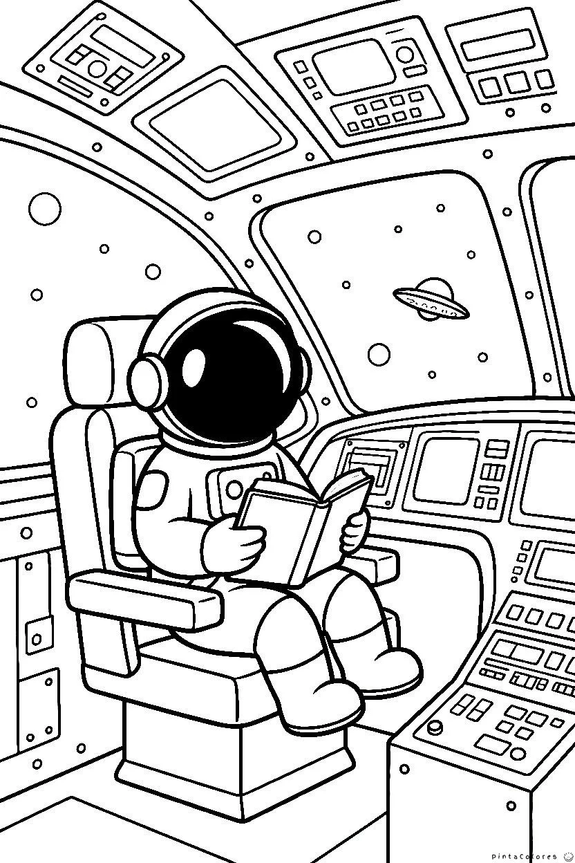 Astronauta leyendo un libro en una nave espacial para colorear.