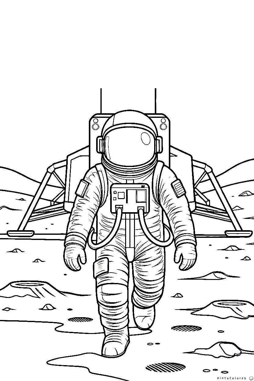 Astronauta al lado de un módulo lunar en la Luna para colorear.