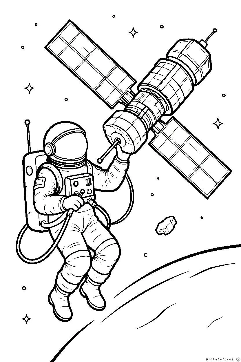 Astronauta arreglando un satélite flotando en el espacio.