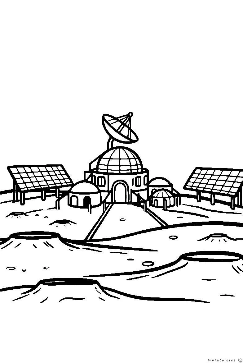 Base espacial construida sobre la Luna para colorear.