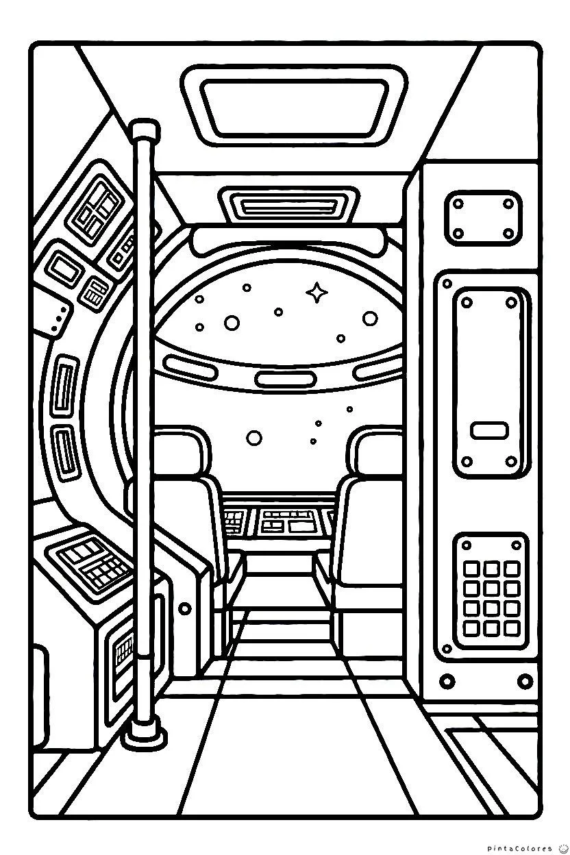 Interior de cabina de nave espacial con paneles para colorear.