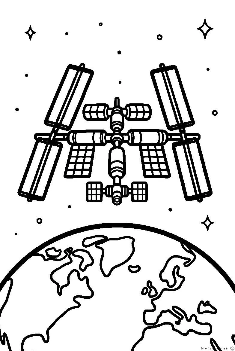 Estación espacial flotando alrededor del planeta Tierra.