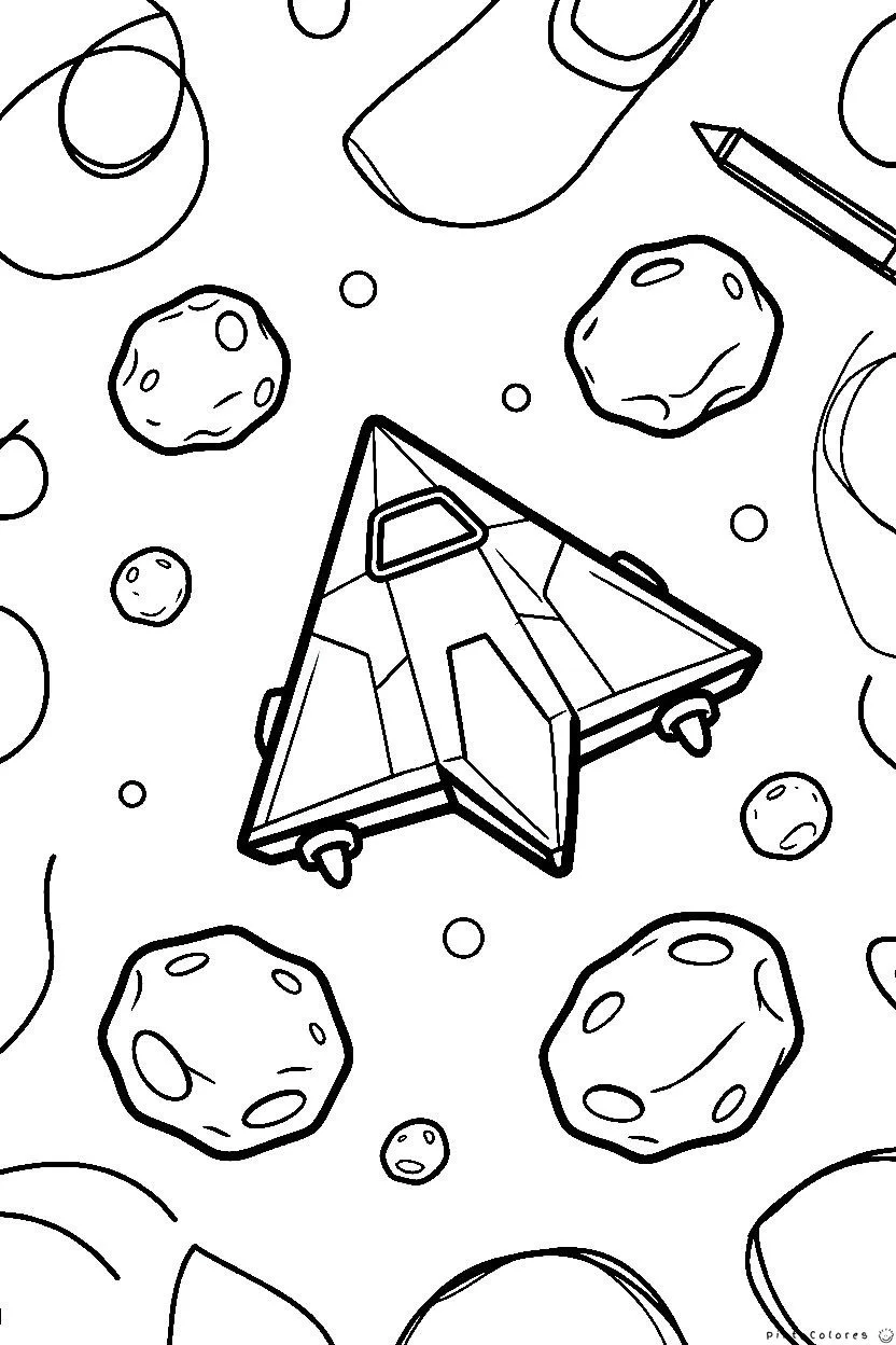 Nave espacial volando entre asteroides para colorear.