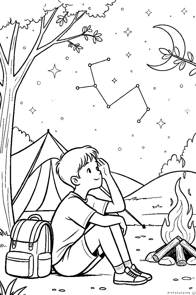 Niño mirando constelaciones en el cielo nocturno.