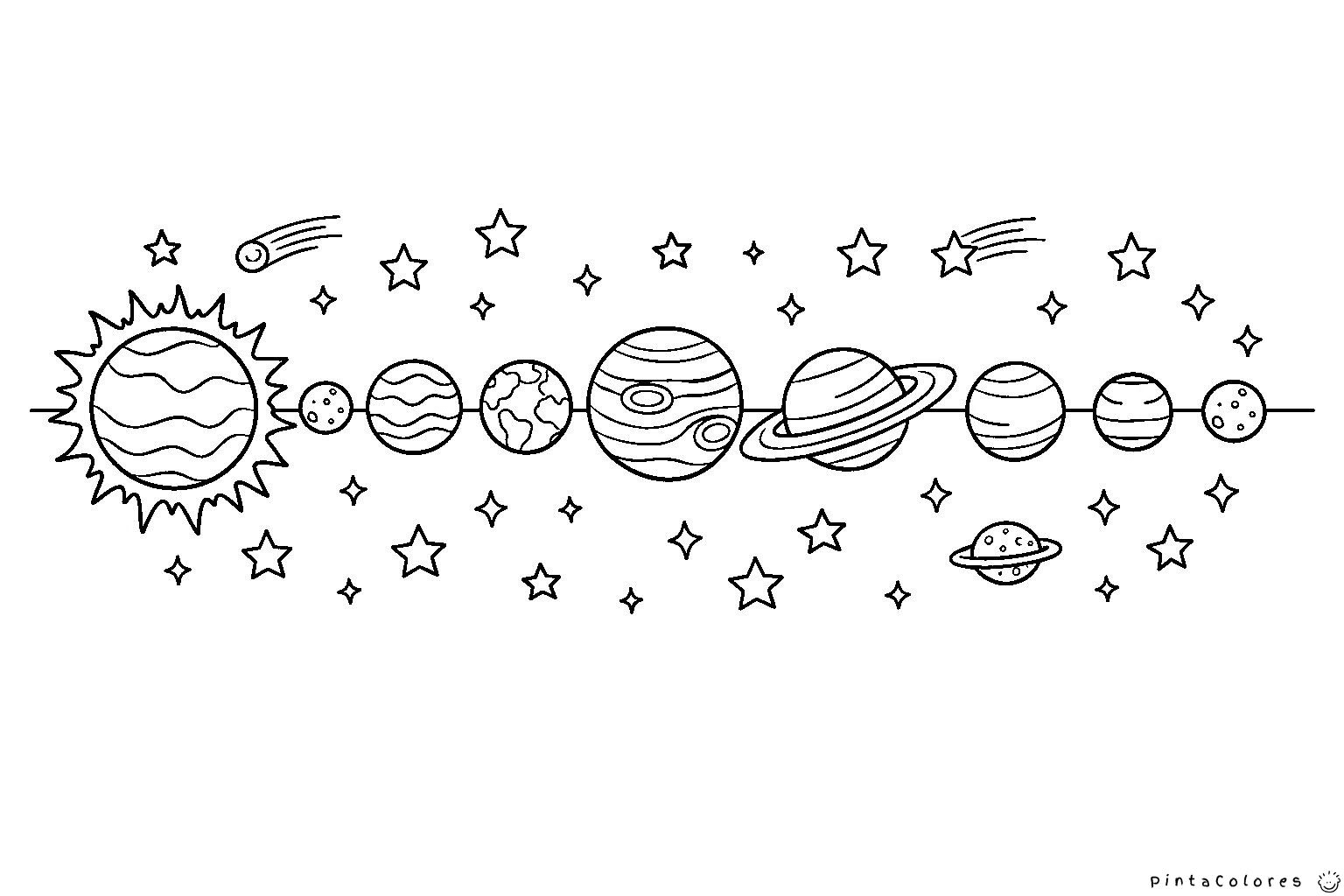 Sistema solar con el Sol y los planetas para colorear.