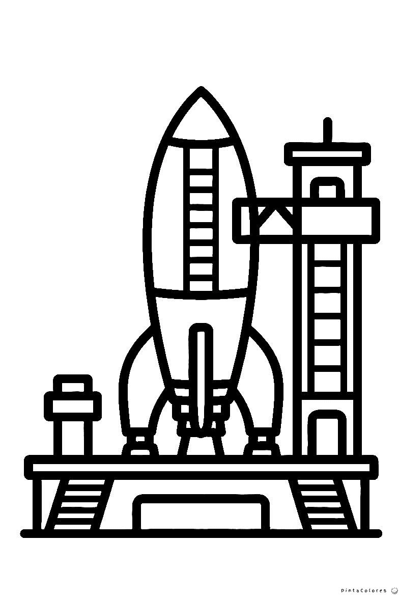 Cohete listo en la plataforma de lanzamiento para colorear.