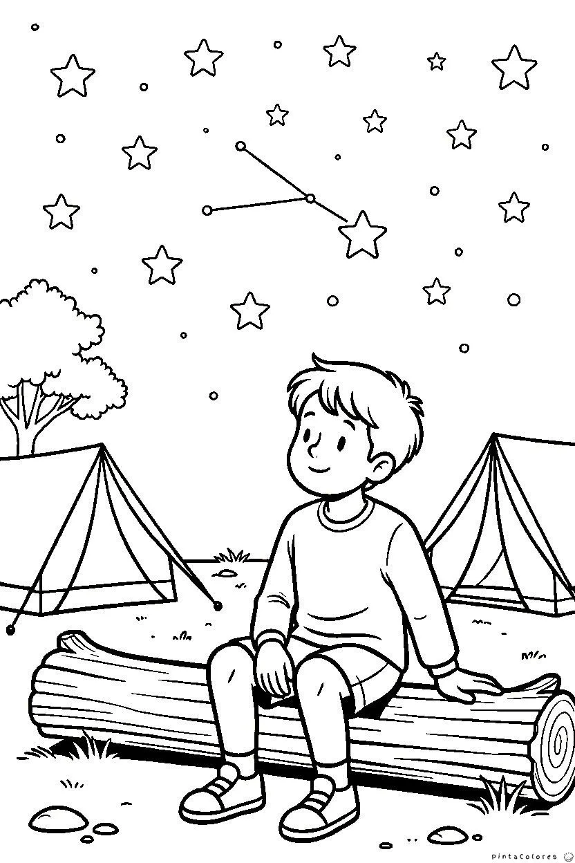 Niño mirando constelaciones durante una noche de camping para colorear.