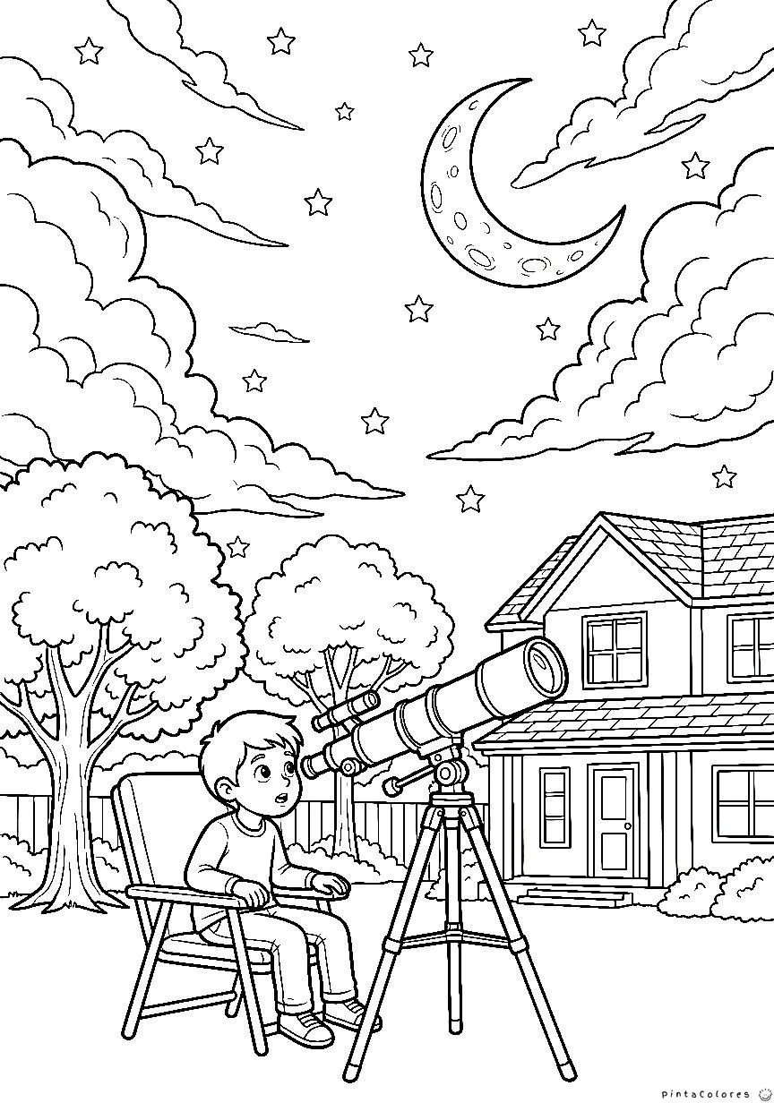 Niño usando un telescopio para observar estrellas en el cielo.