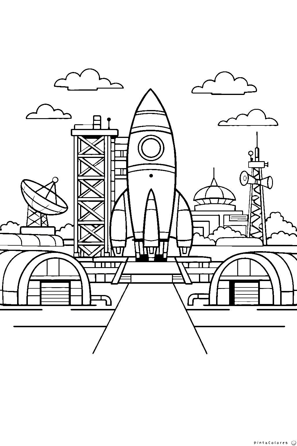 Plataforma espacial con cohete listo para despegar.