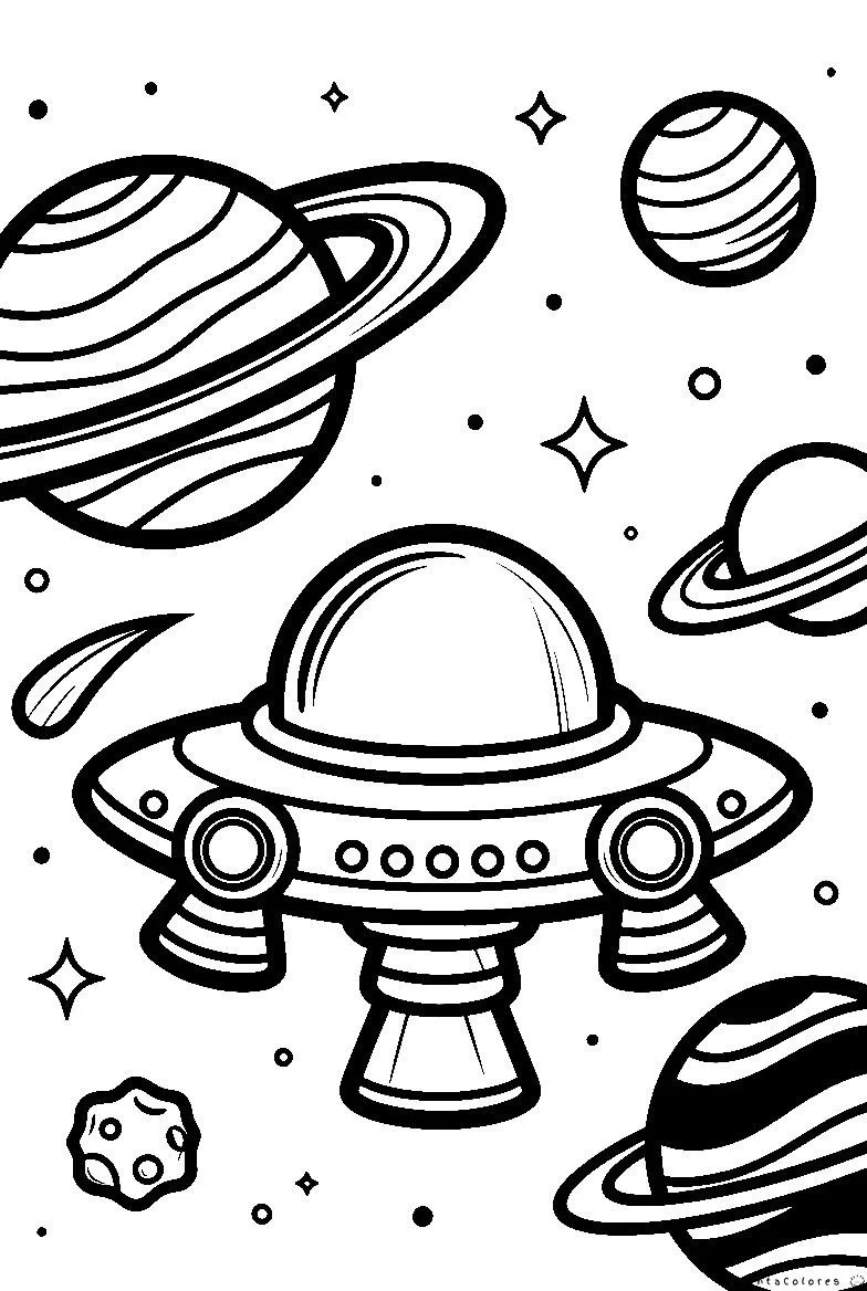 Platillo volador flotando entre estrellas y planetas para colorear.