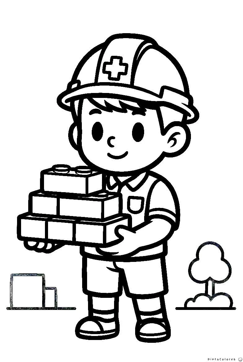 Albañil trabajando con ladrillos para colorear