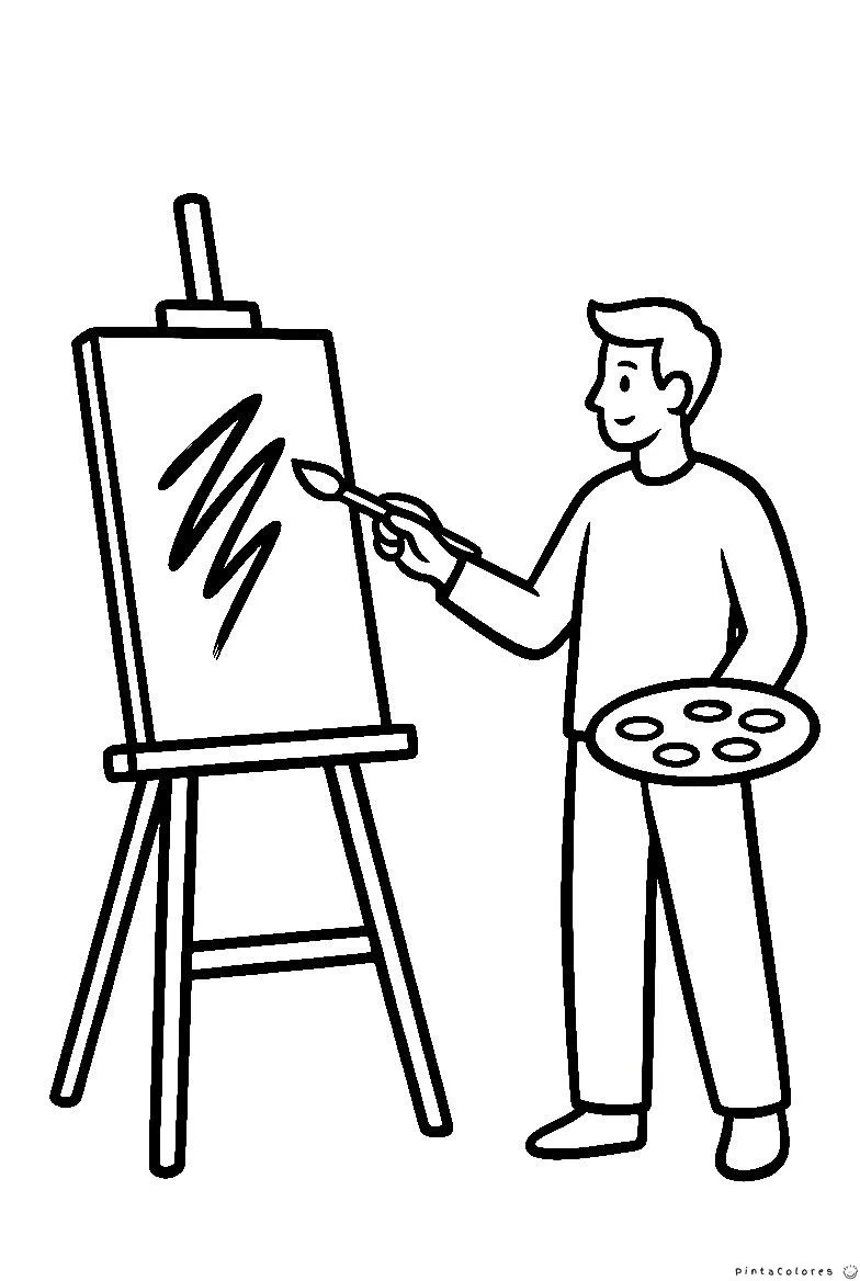 Artista pintando un cuadro en caballete