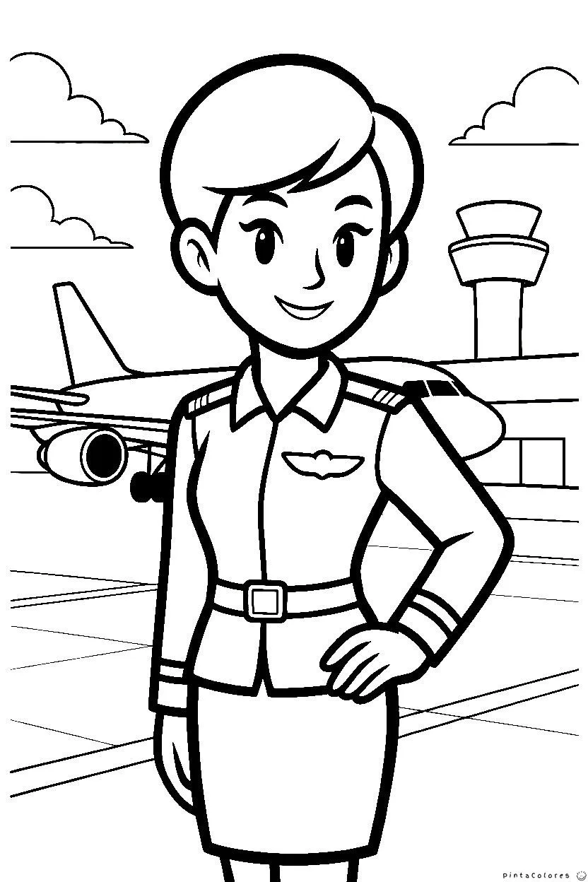 Azafata sonriendo con avión de fondo