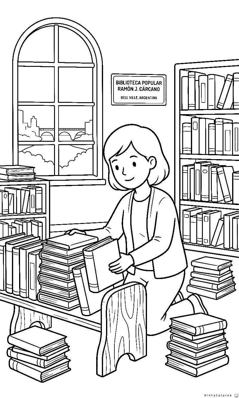 Bibliotecaria colocando libros en estantería