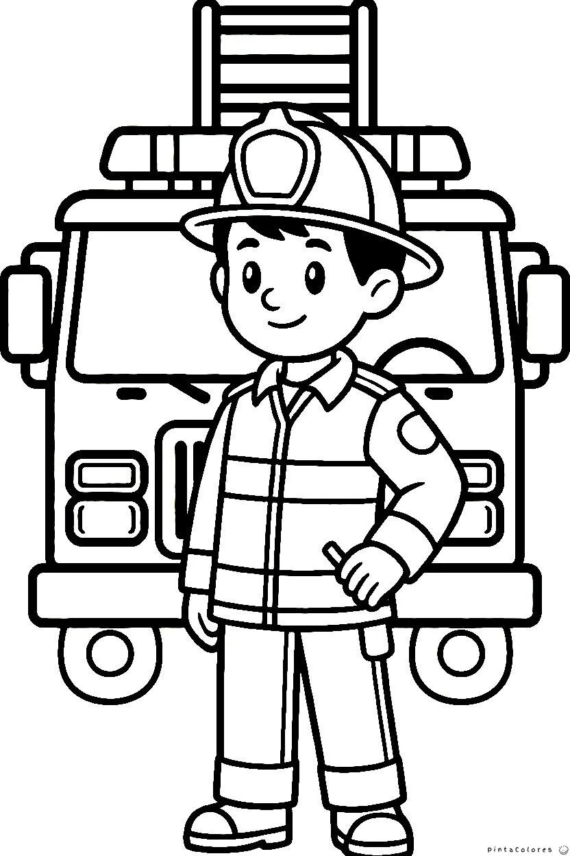 Bombero de pie junto a camión de bomberos