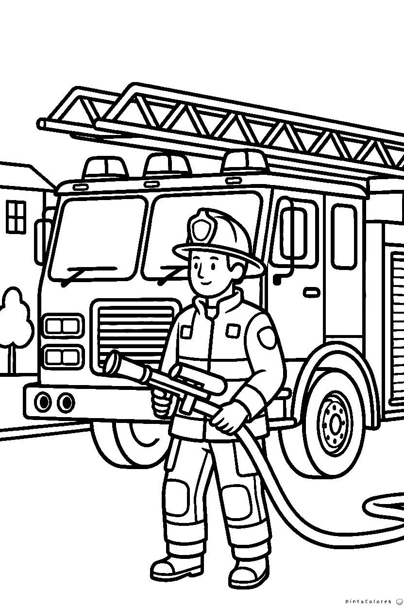 Bombero sosteniendo una manguera frente a un camión de bomberos