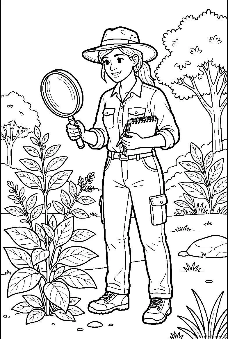 Exploradora observando plantas con lupa