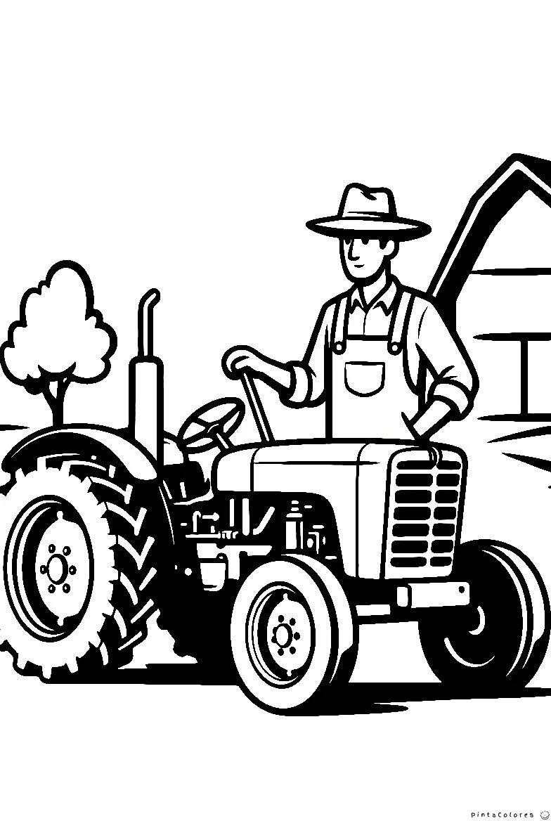 Granjero de pie al lado de un tractor en la granja