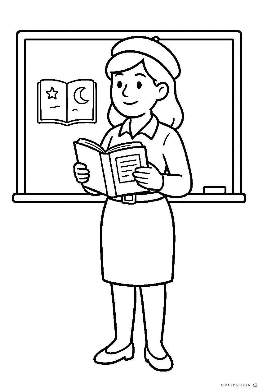 Maestra de escuela sonriendo frente a sus alumnos