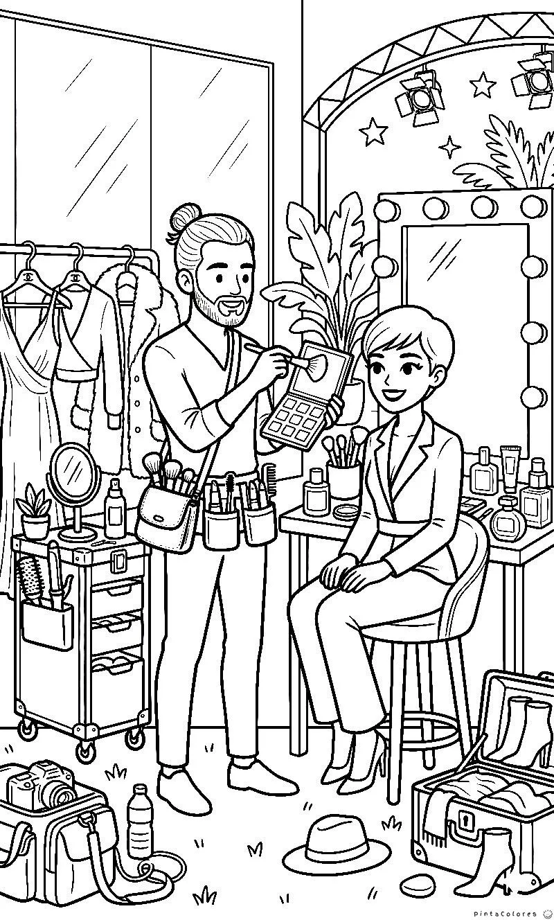 Maquillador hombre aplicando maquillaje con brocha