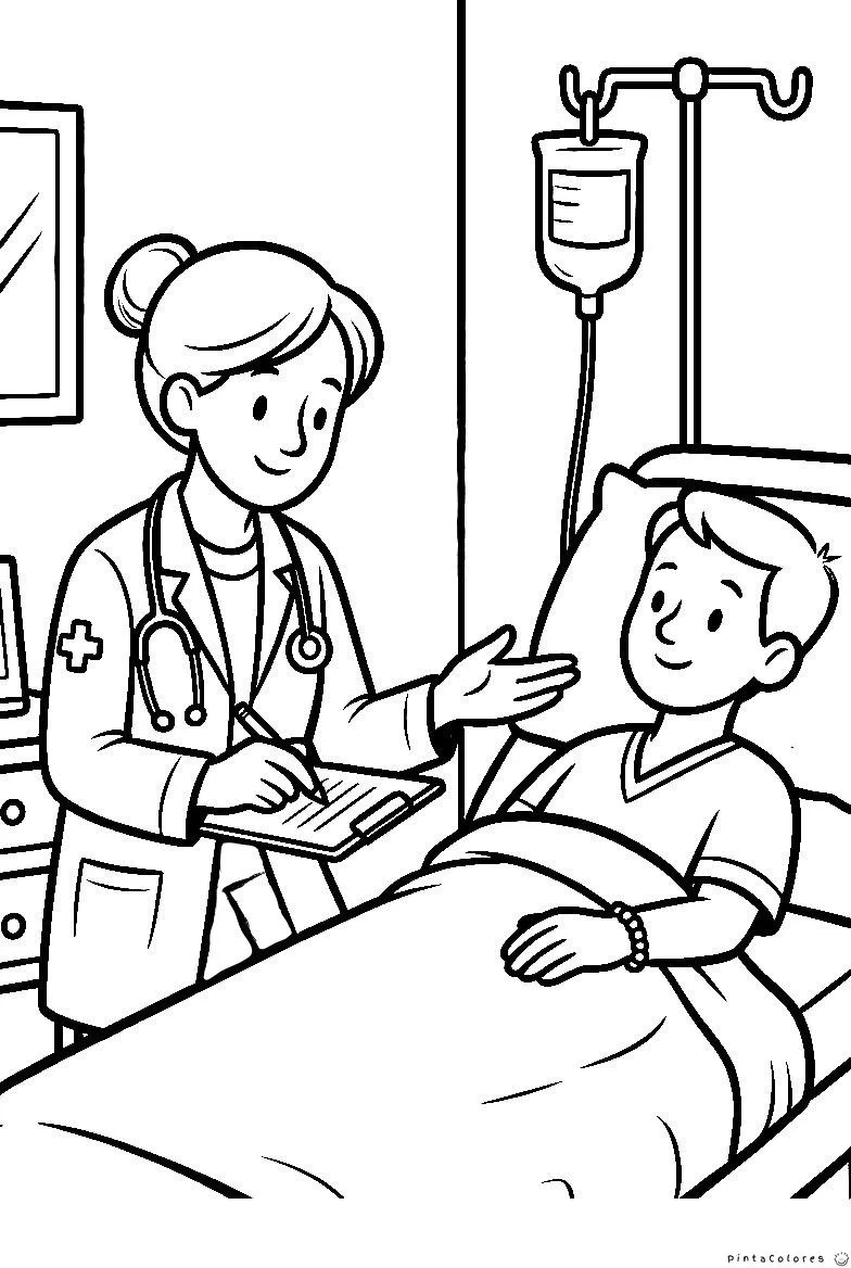 Médica atendiendo a un paciente internado en una cama de hospital