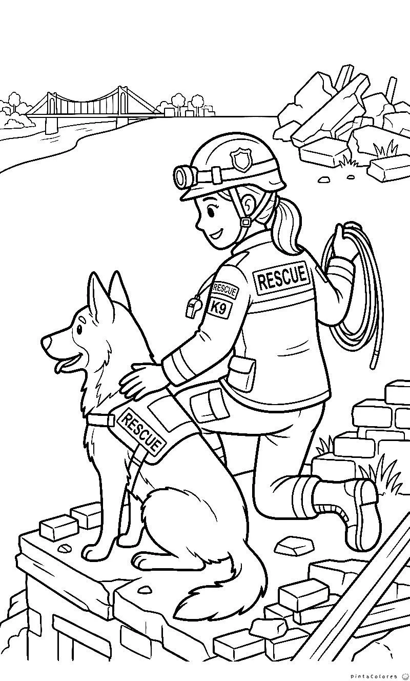 Rescatista acompañado por perro de rescate