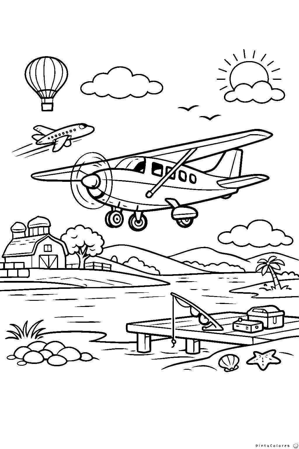 Avioneta volando sobre una granja en el campo