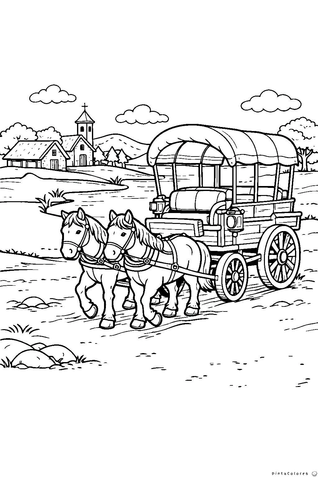 Carreta tirada por caballos en un camino rural