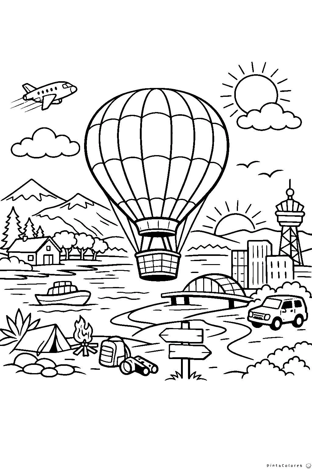 Globo aerostático flotando en el cielo sobre un paisaje