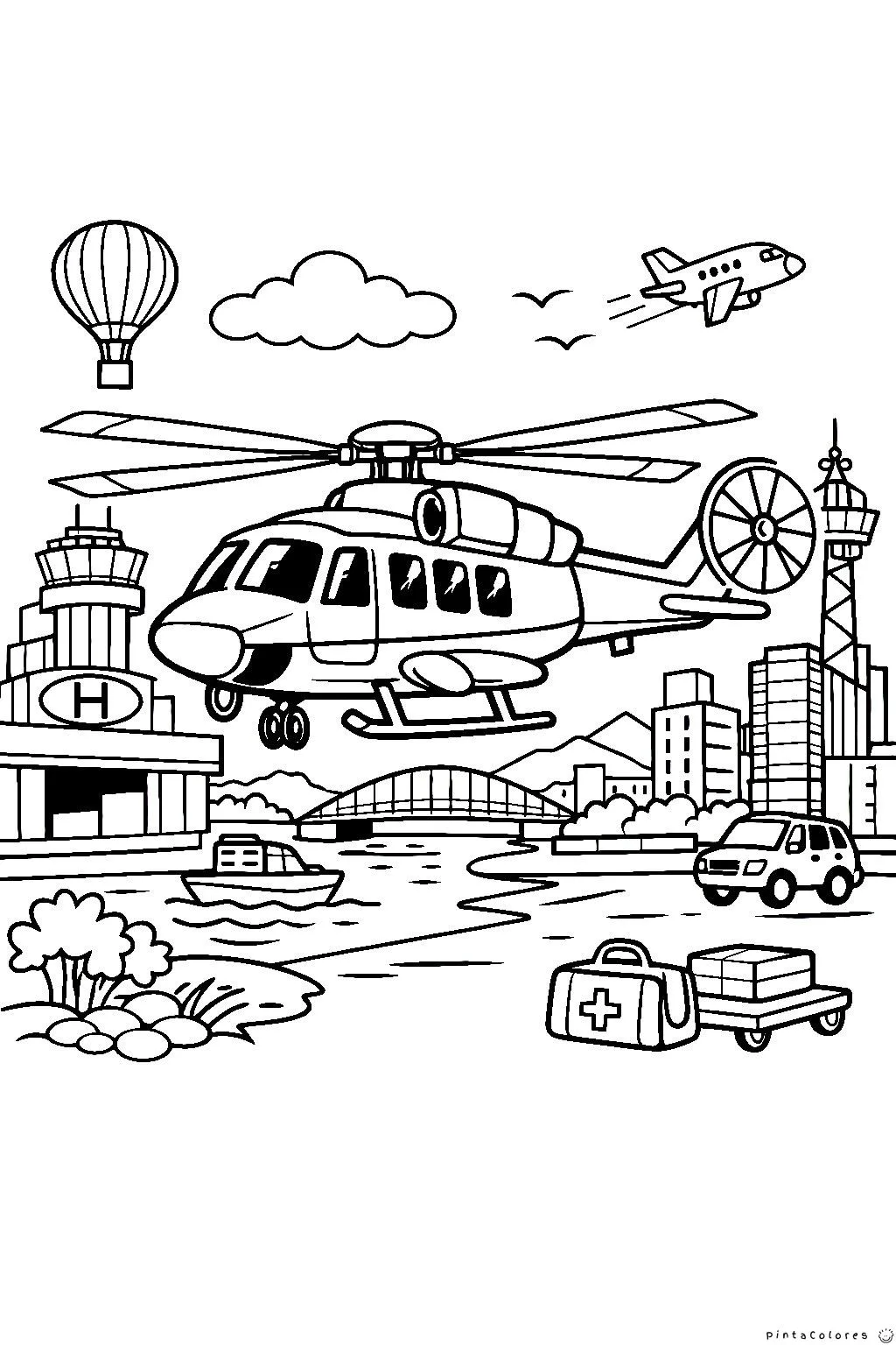 Helicóptero volando sobre edificios de la ciudad