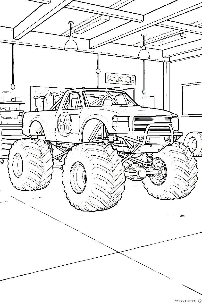 Monster truck con ruedas gigantes en un taller