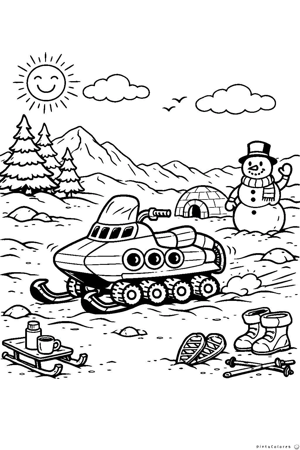 Moto de nieve junto a un muñeco de nieve