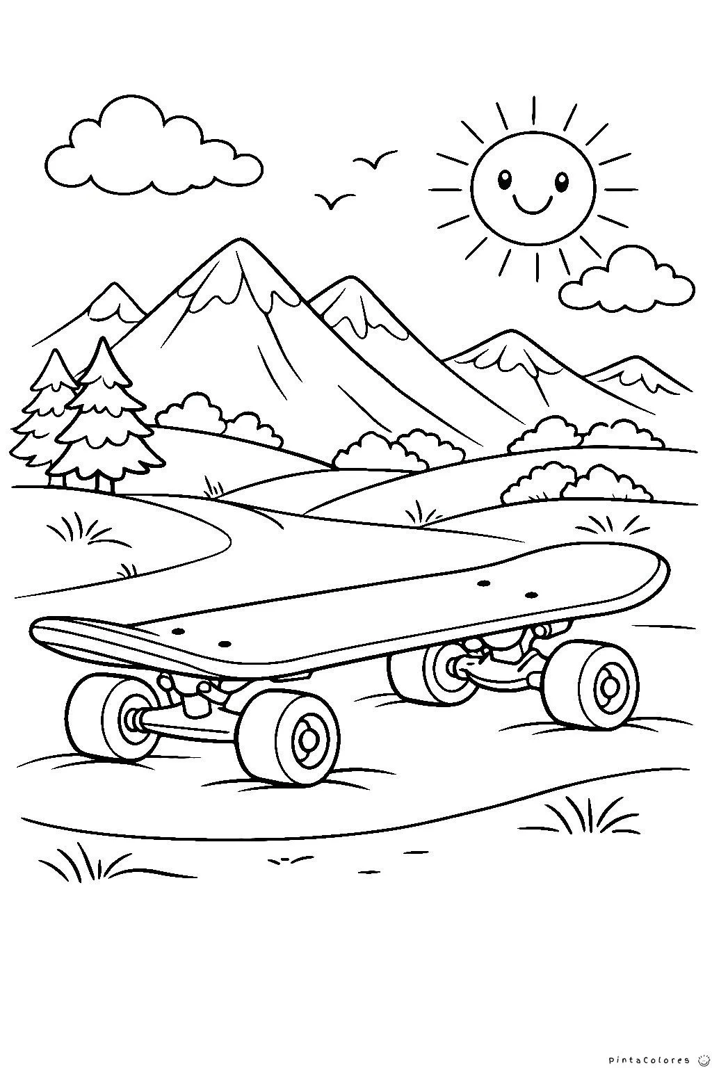Dibujo para colorear patineta con fondo de montaña