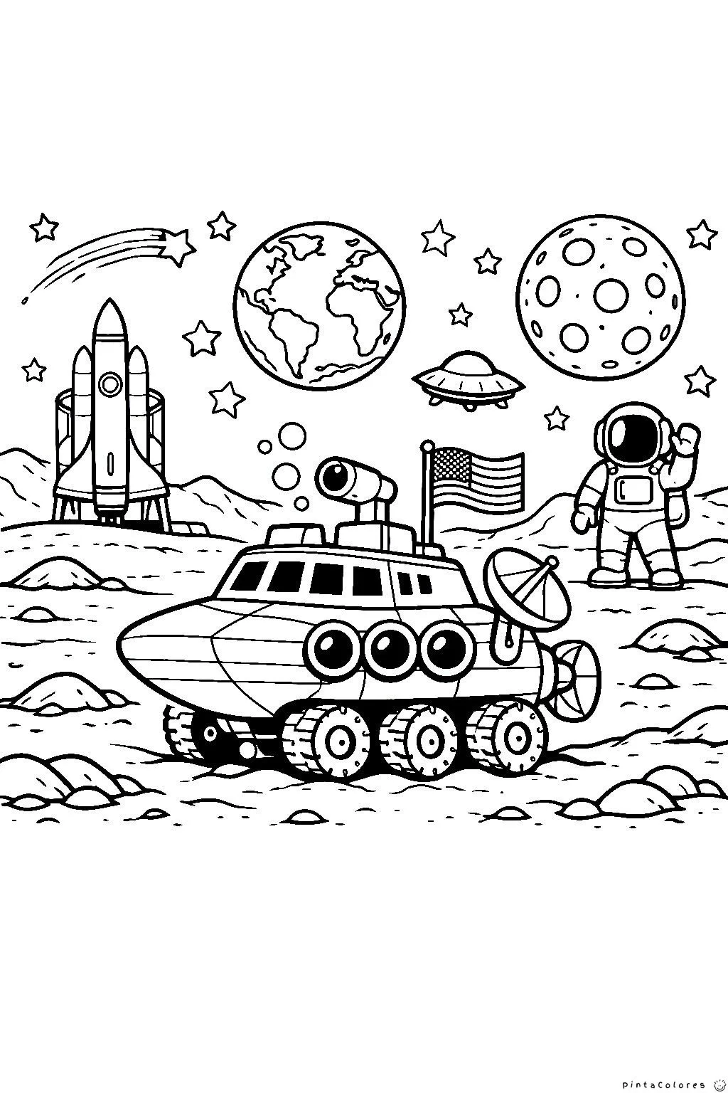 Dibujo para colorear rover espacial explorando la Luna