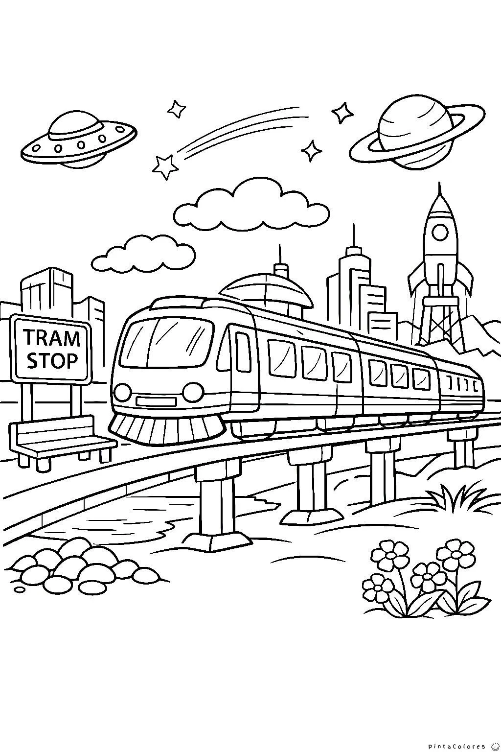 Dibujo para colorear tranvía circulando en la ciudad