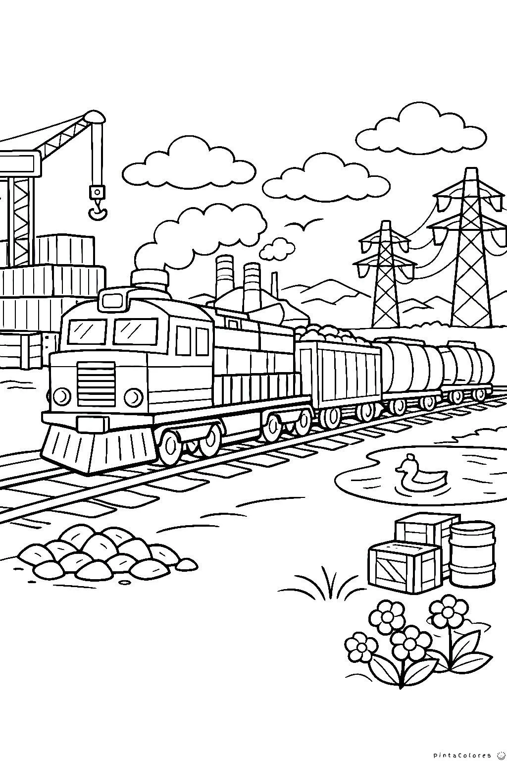 Dibujo para colorear tren de carga industrial
