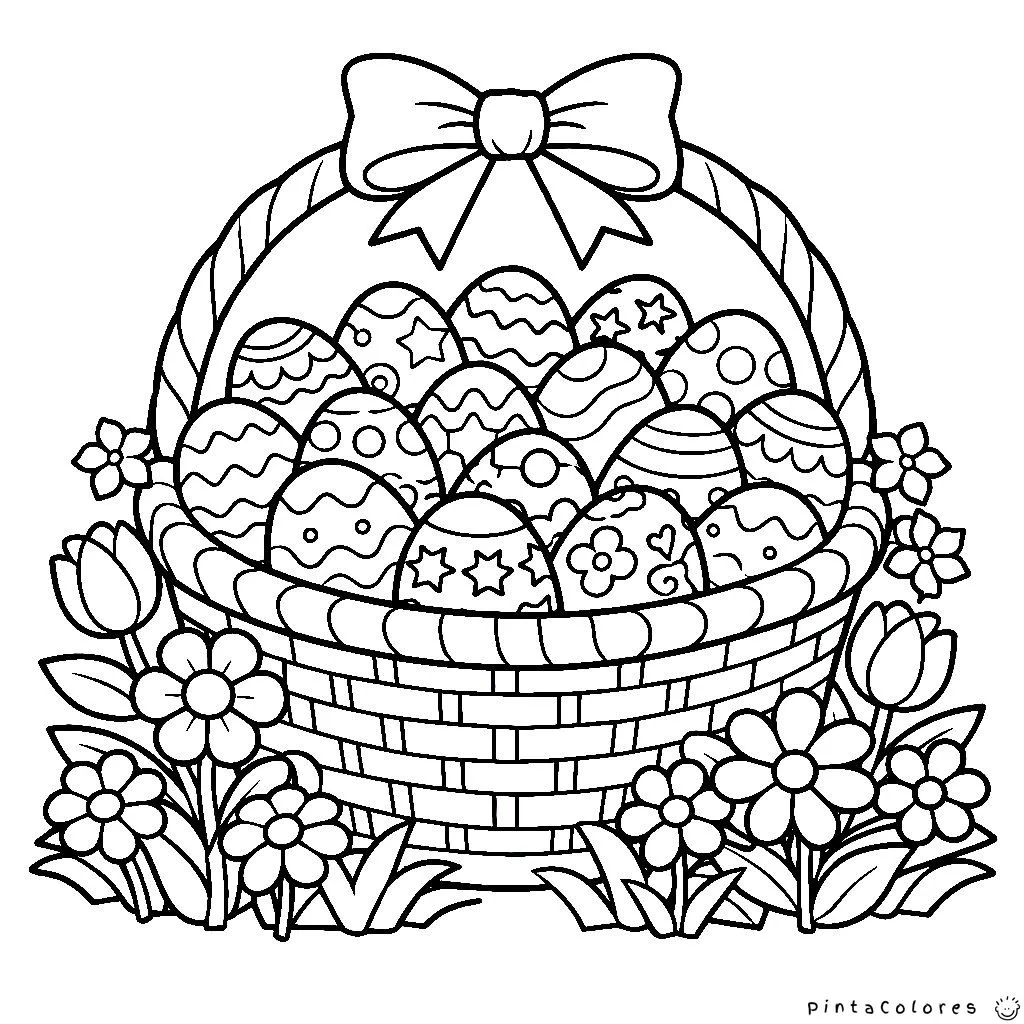 canasta grande con huevos de pascua y flores para colorear