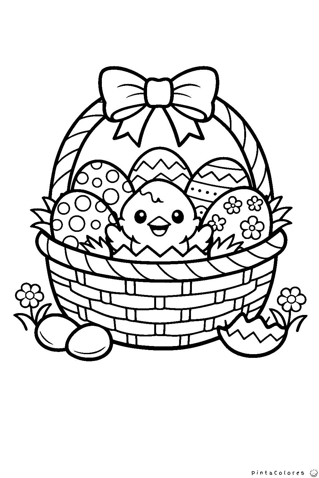 pollito junto a una canasta con huevos de pascua para colorear