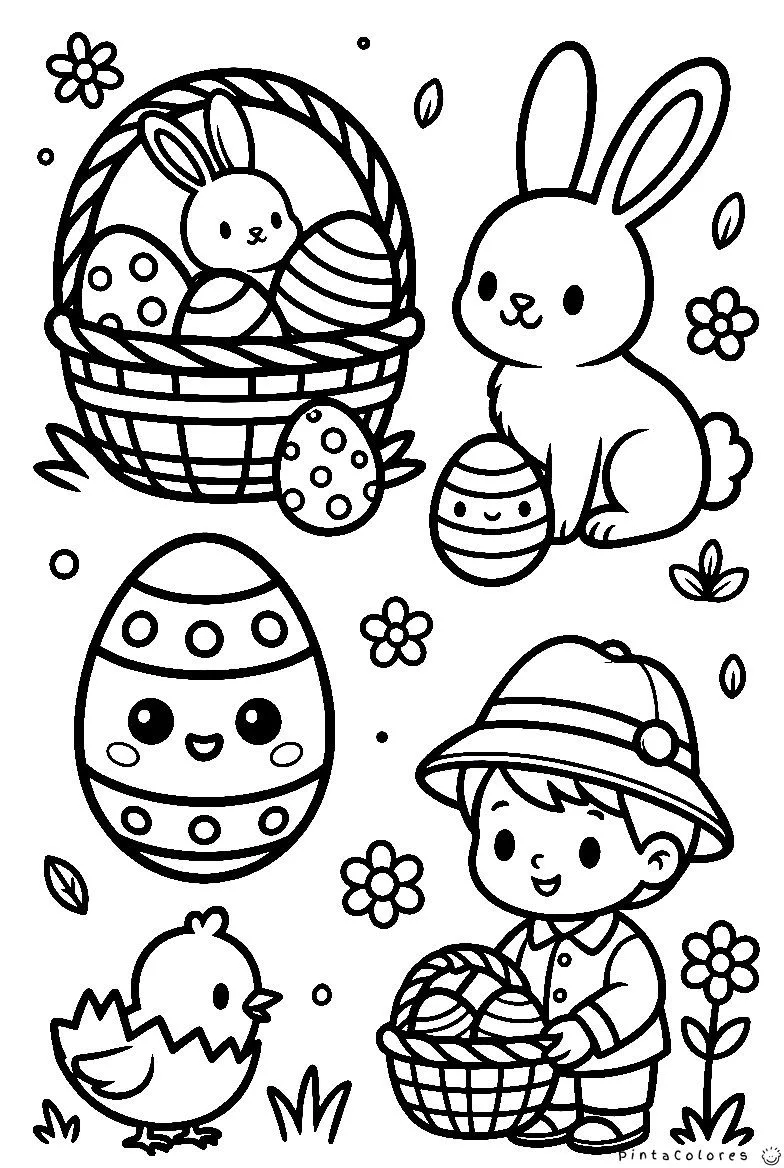 escena de pascua con conejos huevos y pollito dibujo para colorear