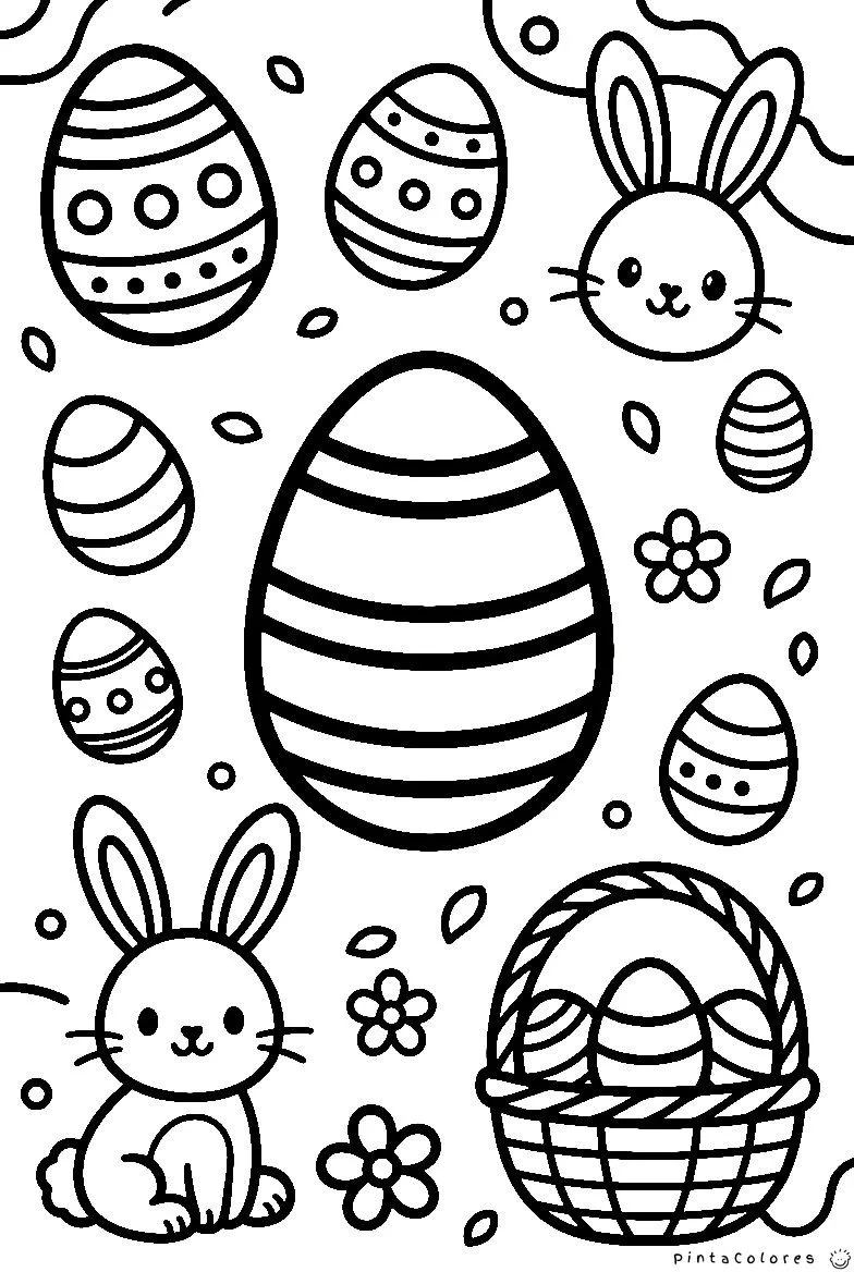colección de huevos de pascua y conejitos para colorear