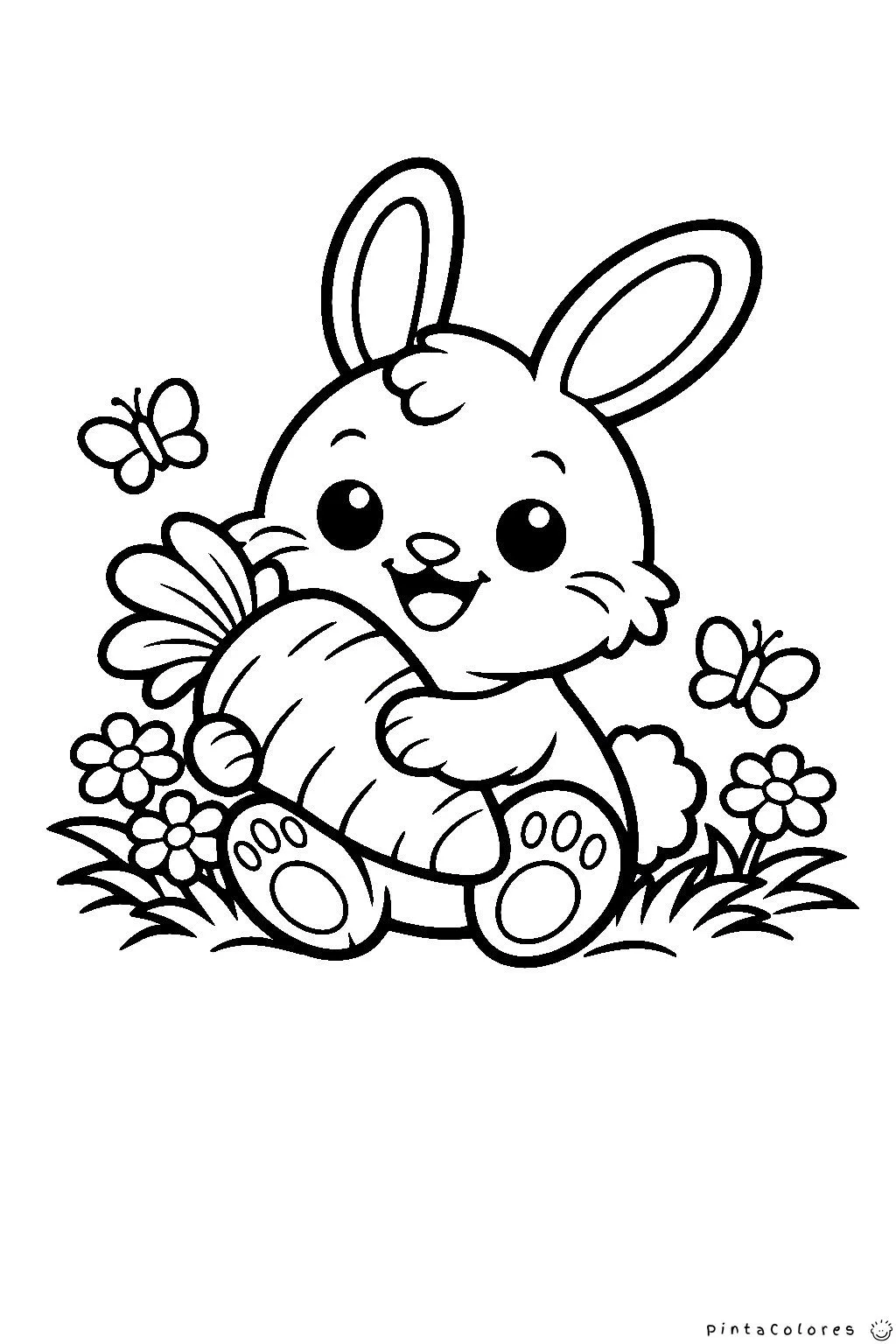 conejo de pascua feliz con una zanahoria dibujo para colorear