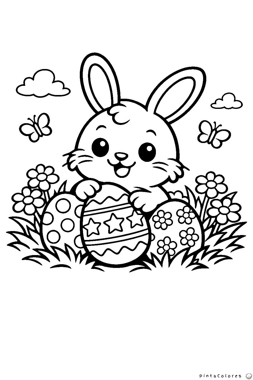 conejo pequeño con tres huevos de pascua dibujo para colorear
