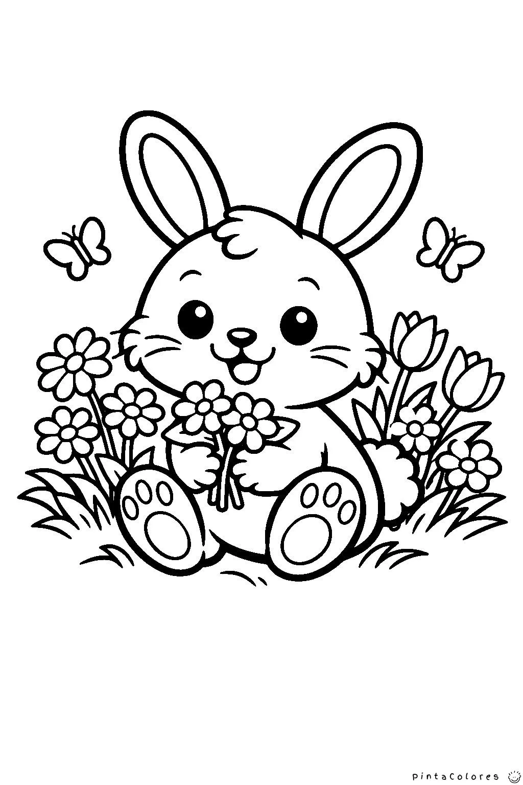 conejo de pascua rodeado de flores dibujo para colorear