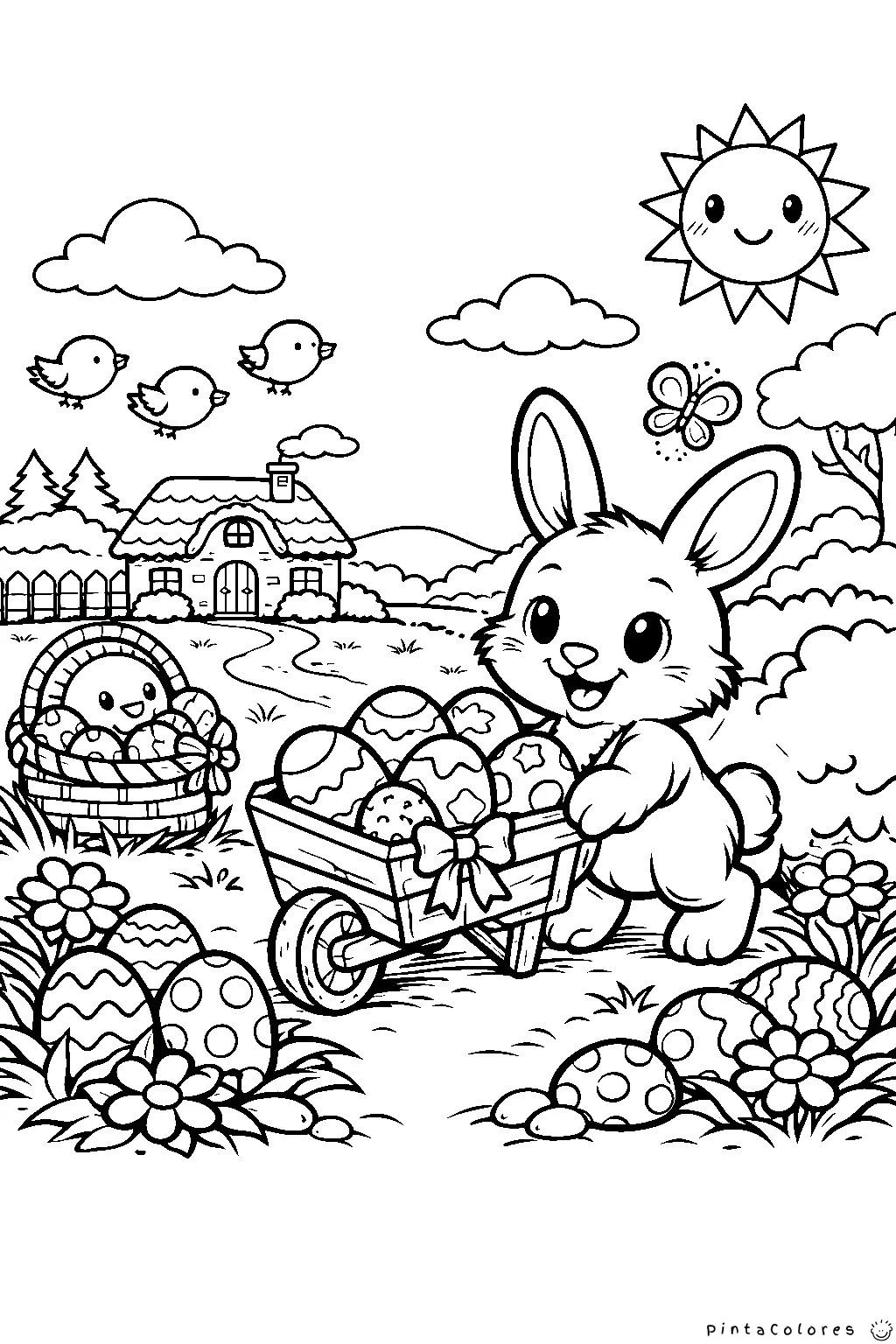 conejo empujando una carretilla llena de huevos de pascua dibujo para colorear