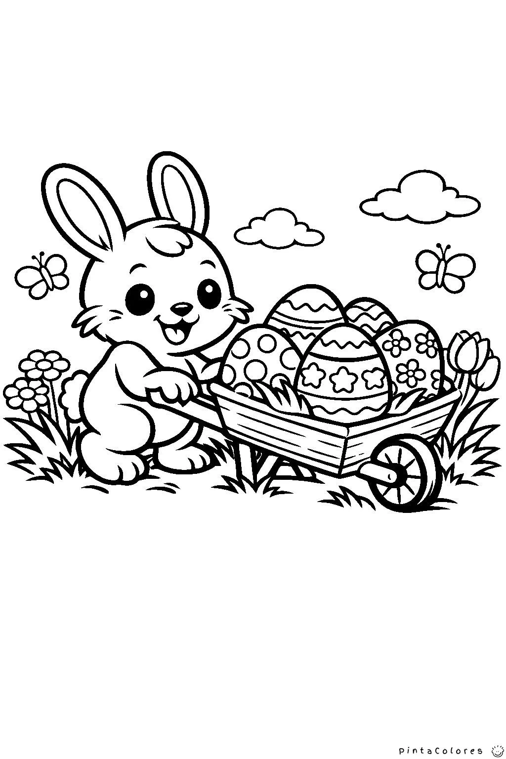 conejo empujando una mini carretilla con huevos de pascua dibujo para colorear