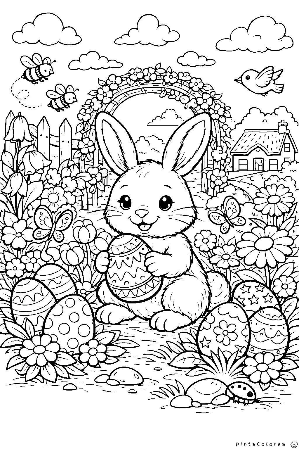 conejo en un campo rodeado de huevos de pascua dibujo para colorear